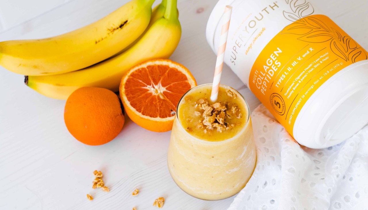 Orange Pineapple Smoothie made with fresh fruit and SuperYouth Orange Pineapple Collagen Peptides