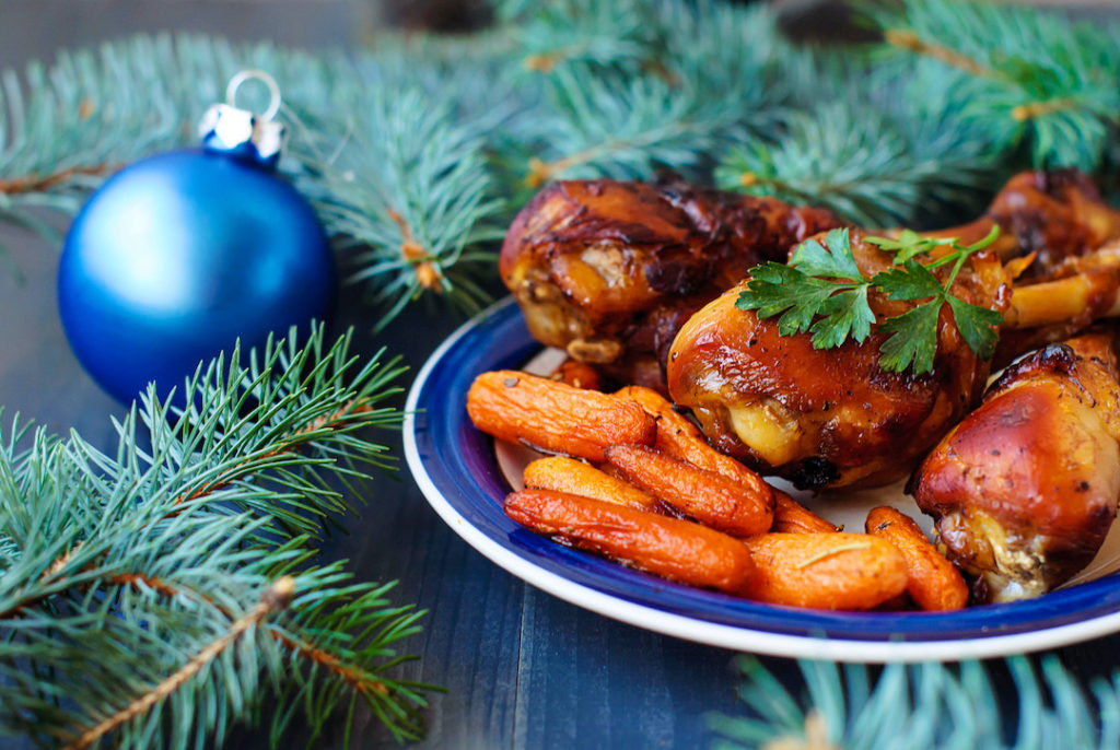 Healthy holiday eating is often about portion control. Using small plates, like this one with a modest amount of meat and veggies, can help you reduce holiday weight gain.