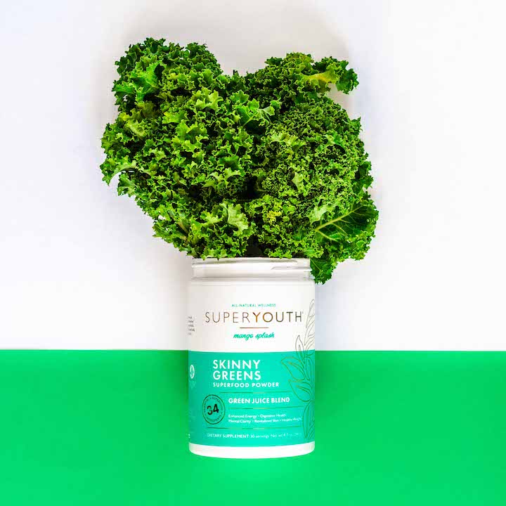 A container of Super Youth Skinny Greens powder, one of the best superfoods for weight loss.